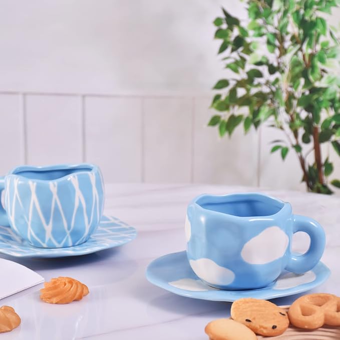 Koythin Ceramic Coffee Mug with Saucer Set, Cute Cloud Coffee Mug and Cup for Office and Home, Blue Sky and White Clouds Cups, 10 oz/300 ml for Latte Tea Milk