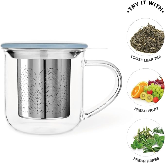 VIVA Minima Eva Glass Tea Cup with Mesh Infuser - Coffee Mug With Porcelain Lid/Saucer - 14 oz / 400 ml, Hazy Blue
