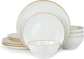 Famiware Jupiter 12-Piece Stoneware Dinnerware Set, Handcrafted Plates and Bowls with Speckles & Embossed Swirls, Chip/Scratch Resistant, Microwave/Dishwasher Safe, Modern Dishes, Service for 4, White