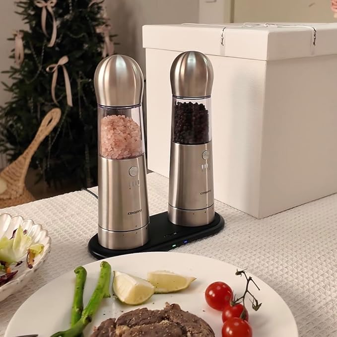 COSPRO Electric Salt and Pepper Grinder Set of 2 – Rechargeable Stainless Steel Mills with Qi-Wireless Charging Base | One-Hand Operation | Adjustable Coarseness | Easy Clean | Automatic Spice Grinder