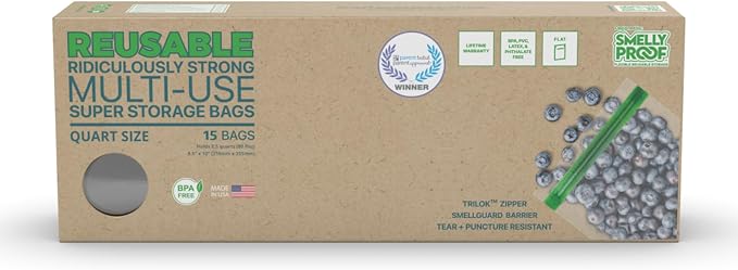Smelly Proof Quart Meal Prep Bags, Reusable Food Storage, USA Made, Freezer Safe, Dishwasher-Safe, BPA FREE, NO PEVA, 3-mil, 8.5" x 10" - 15-Pack
