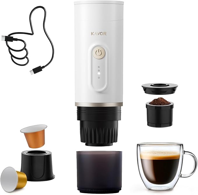 Portable Espresso Machine, 2-in-1 Travel Coffee Maker | 7800mAh battery, hot/cold brew with fast self-heat, for camping RV hiking office, compatible with ground coffee & NS capsules