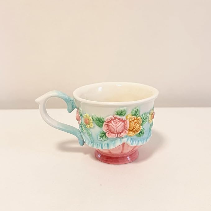 Ceramic Coffee Mug and Saucer Set for Women, Vitorian Hand-painted Rose Flower Tea Cup - 3oz(Multicolour)