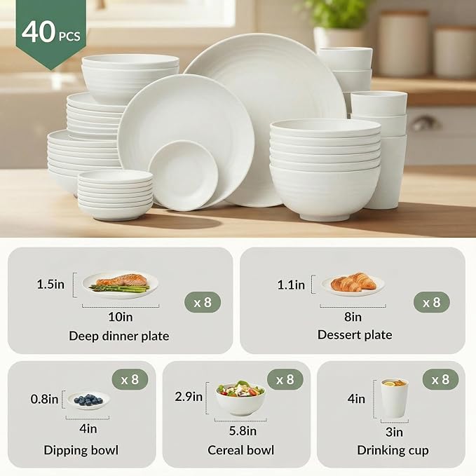 Homienly 40 PCS Kitchen Dinnerware Sets, Wheat Straw Plates and Bowls Sets, Unbreakable Dishes Set for Camping, Picnic, Microwave and Dishwasher Safe, Plates, Bowls, Cups, Service for 8 (White)