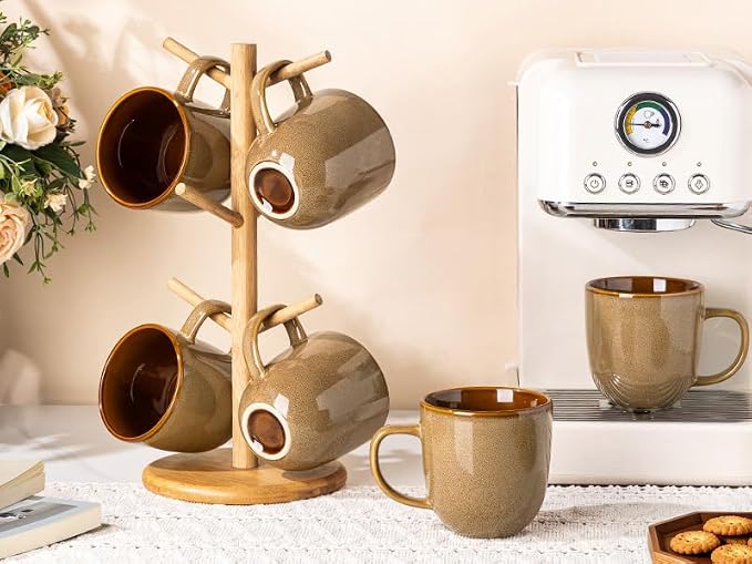 LERATIO Ceramic Coffee Mugs Set of 6,12oz Handmade Coffee Mugs Set with Large Handle for Cappuccino/Latte/Tea/Hot Cocoa, Dishwasher & Microwave Safe-Chestnut