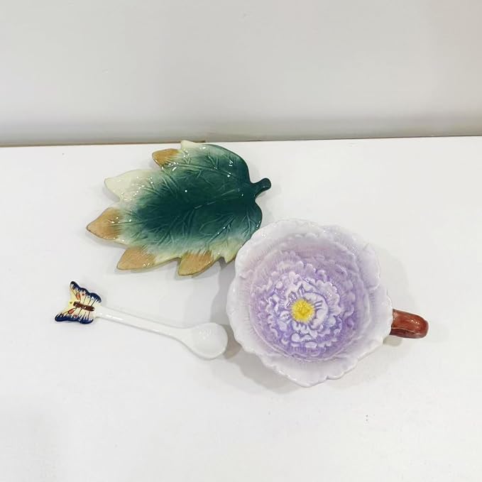 Ceramic Tea Cup and Saucer Set ，6OZ 3D Hand-painted Peony Flower Coffee Mug，Gift for Women -Purple