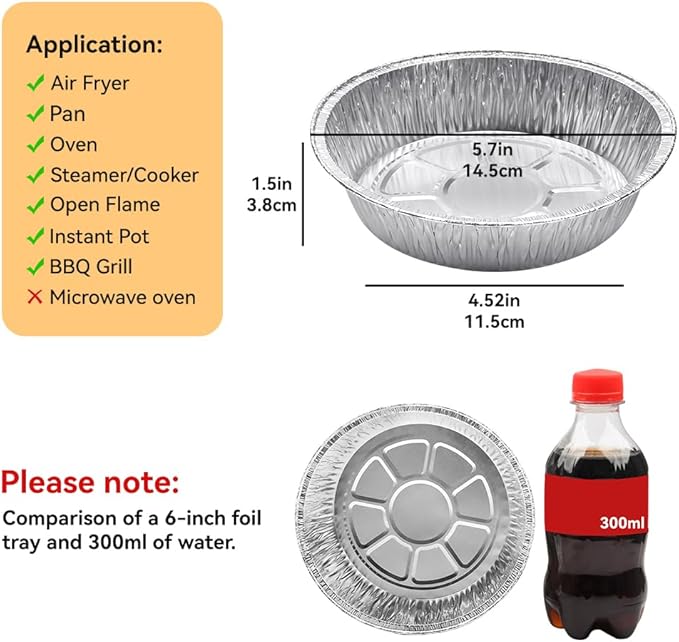 Non-Stick Round Disposable Air Fryer Aluminum Foil Liners 50PCS, Oil-Proof Aluminum Foil Tin Box Also for Steamer Basket Instant Pot Oven & Grill (6 Inch)