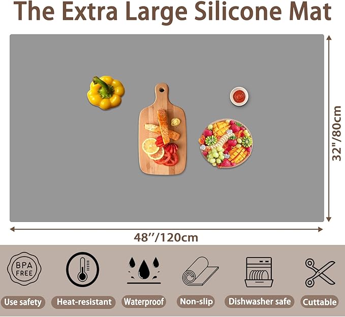 48''x32''(120cmx80cm) Extra Large Silicone Mat for Kitchen Counter, 1.5MM Thick Non-Slip Heat Resistant Countertop Protector, Waterproof Durable Kitchen Mat for Countertops, Semitransparent
