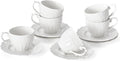 6 oz White Cappuccino Mug - Bone China Floral Ceramic Coffee Cup with Saucer - Microwave and Dishwasher Safe, Perfect For Tea, Espresso, Latte - Elegant Set for Kitchen or Cafe, Baristas, Great Gift