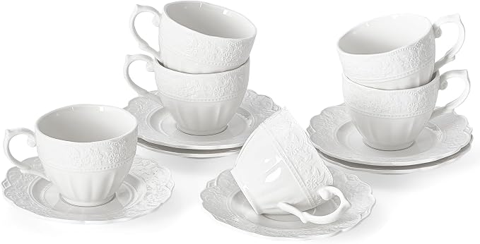 6 oz White Cappuccino Mug - Bone China Floral Ceramic Coffee Cup with Saucer - Microwave and Dishwasher Safe, Perfect For Tea, Espresso, Latte - Elegant Set for Kitchen or Cafe, Baristas, Great Gift