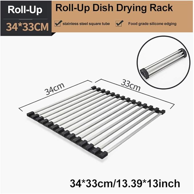 Roll Up Dish Drying Rack Over The Sink Dish Drying Rack Made of Stainless Steel and Silicone Coat Fruit and Vegetable Drying，for Kitchen Sink(34 * 33cm/13.39 * 13inch)