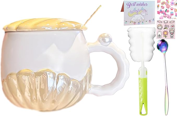 Pearl Ceramic Coffee Mug for Tea Latte Milk Cute Love Shape Cup for Home Office Women Gift 6.5 oz (Shell Round Yellow, 350 ml)