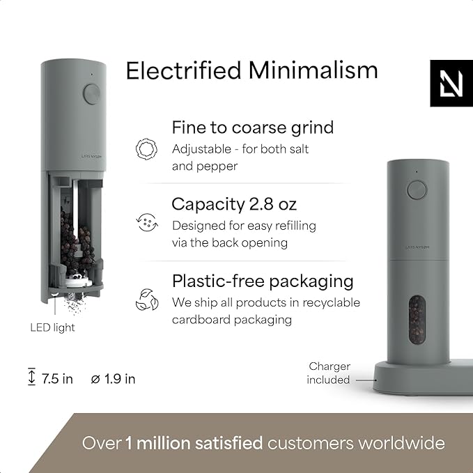 LARS NYSØM Electric Salt and Pepper Grinder Set, USB Rechargeable, Automatic Salt and Pepper Mills, Spice Shakers Refillable with LED Light, Adjustable Coarseness, Ceramic Grinder (Ash Gray)