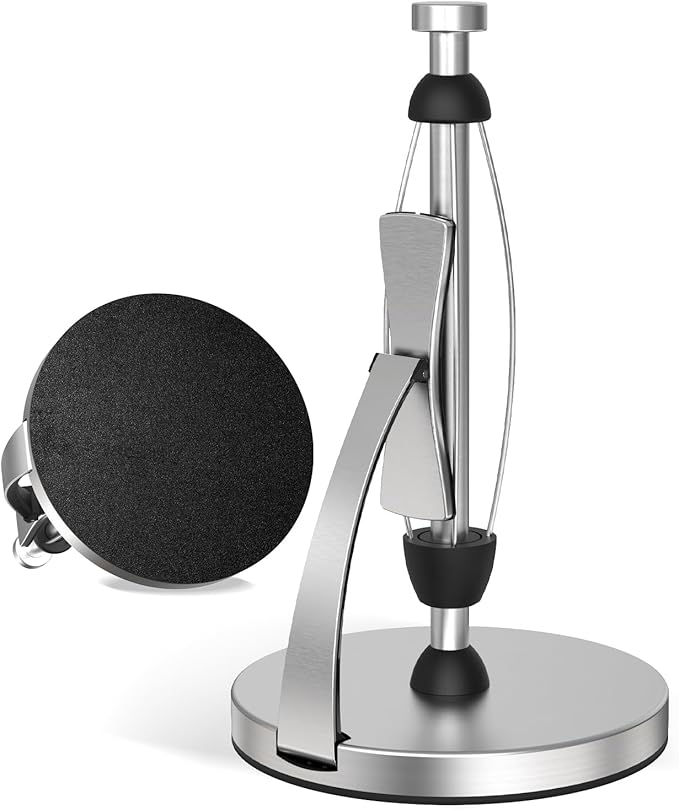 VEHHE Paper Towel Holder Countertop, One-Handed Tear, Stainless Steel, Stand Paper Towel Holder with Spring Activated Arm & Non Slip Weighted Base, for Kitchen Bathroom (Silver)