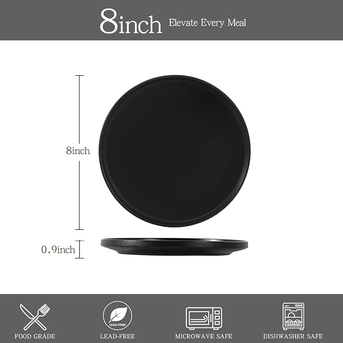 8 Inch Plates, Matte Black, Set of 4 | Matte Glaze Stoneware, Microwave Safe, Dishwasher Safe, For Salads & Desserts