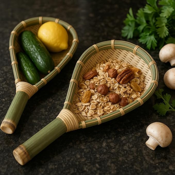 Bamboo Rice Strainer Wooden Skimmer Colander Scoops – Natural Kitchen Mesh Sieve Bamboo Ladle Washer Sifter with Handle for Beans, Rice, Dried Fruits, Grains – Kitchen Tool Eco-Friendly Colander