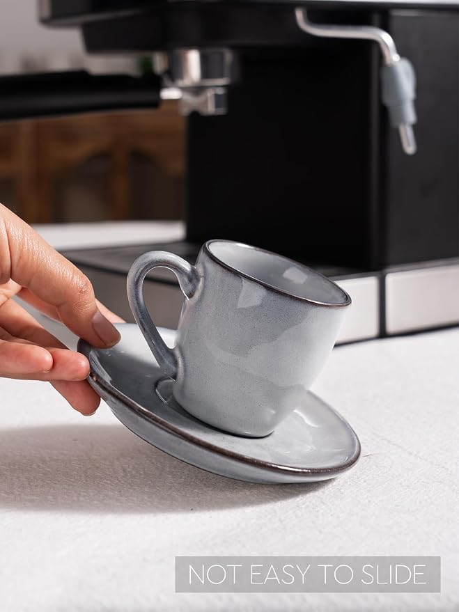 famiware Ocean Espresso Cups with Saucers Set of 4, 3.34oz Espresso Cup Set, Coffee Mug Set for Latte, Macchiato, Stoneware Demitasse Cups Set for Cafe, Microwave&Dishwasher Safe, Gray