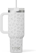 RTIC 40 oz Road Trip Tumbler Double-Walled Cermaic Lined Insulated Stainless Steel Portable Travel Coffee Mug Cup with Lid, Handle and Straw, White Magnolias