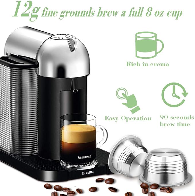 CAPMESSO Stainless Steel Reusable Coffee Capsule, Metal Refillable Coffee Pod Compatible with Nespresso Vertuoline GCA1/ENV135/ENV150/BNV420 (8OZ(Coffee Cup)+10 Silicone Rings)