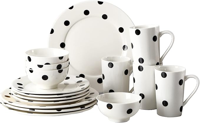 16-Piece Black and White Polka Dot Dinnerware Set for 4, Modern Porcelain Plates and Bowls Set, Ceramic Dish Set with Mugs, Dishwasher & Microwave Safe, Elegant Kitchen Gift - White