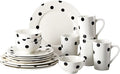 16-Piece Black and White Polka Dot Dinnerware Set for 4, Modern Porcelain Plates and Bowls Set, Ceramic Dish Set with Mugs, Dishwasher & Microwave Safe, Elegant Kitchen Gift - White