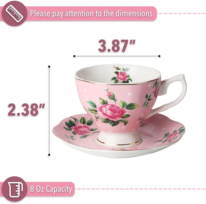 BTaT- Floral Tea Cups and Saucers, Set of 2, 8 oz, Fine Porcelain Teacup Set with Gold Trim for Afternoon Tea, Weddings, Parties & Gifting, Dishwasher Safe, Lightweight, Non-Toxic
