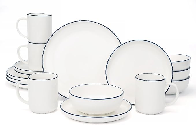 OTAGO 16-Piece Dinnerware Set for 4 with 4 Mugs, White with blue rim Stoneware Plates and Bowls Sets, Ceramic Dish Set for Kitchen, Dinner & Dining, Blue Rim, Microwave & Dishwasher Safe