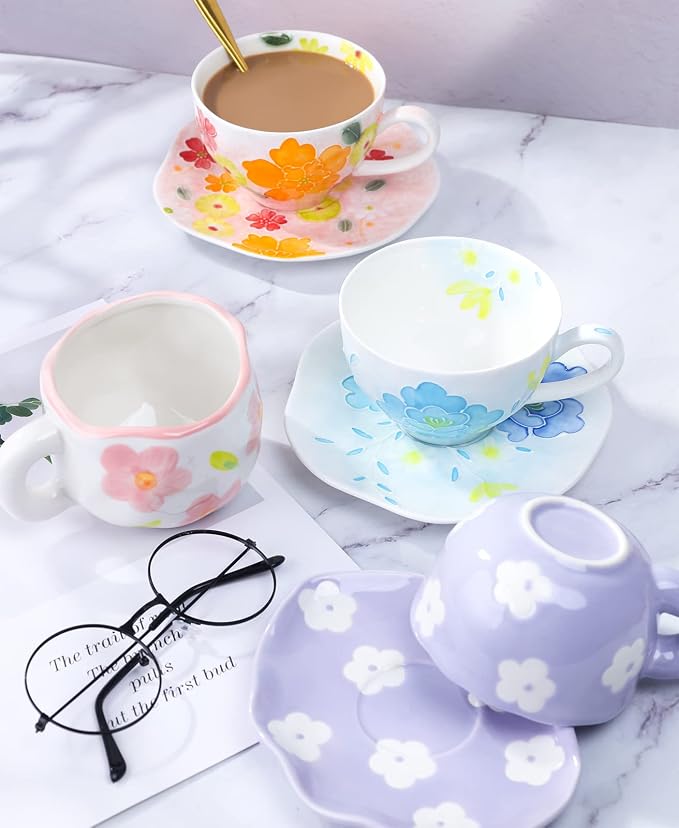 Noviko Purple Flower Mug and Saucer Set - Cute Ceramic Mug for Girls and Mom - 7 oz