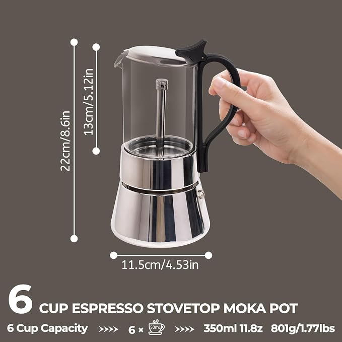 Clear Glass Moka Pot 6 Cup 350ml Stainless Steel Coffee Maker Uncoated Stovetop Espresso Coffeemaker Italian Classic Style Brewing Greca Cafe Mocha Machine for Cafeteras Camping Travel Home