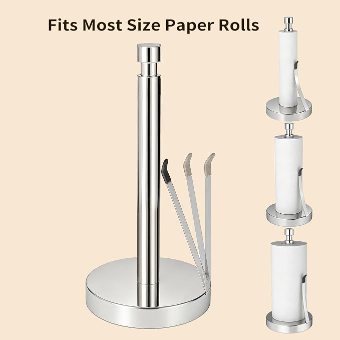 YUMORE Heavy Duty Stainless Steel Paper Towel Holder – Easy One-Handed Tear, Weighted Base Non-Slip, Tension Arm Prevents Unraveling, Countertop Paper Stand for Kitchen, Fits Most Size Rolls (Chrome)