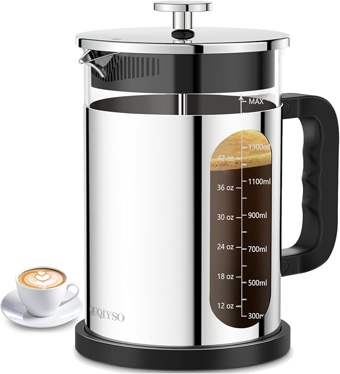 QUQIYSO French Press Coffee Maker 51oz 304 Stainless Steel French Press with 4 Filter, Borosilicate Glass Coffee Press