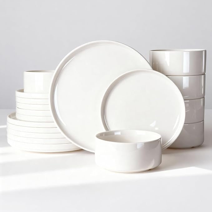 Famiware Porcelain Dinnerware Set, 18-Piece Modern Plate and Bowl Set, dish set for 6, Microwave and Dishwasher Safe Tableware, White