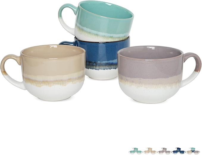 Bosmarlin Ceramic Coffee Mug Set of 4, 16 Oz, Jumbo Latte Mugs, Dishwasher and Microwave, Unique Reactive Glaze (Multicolor, 16 Oz)