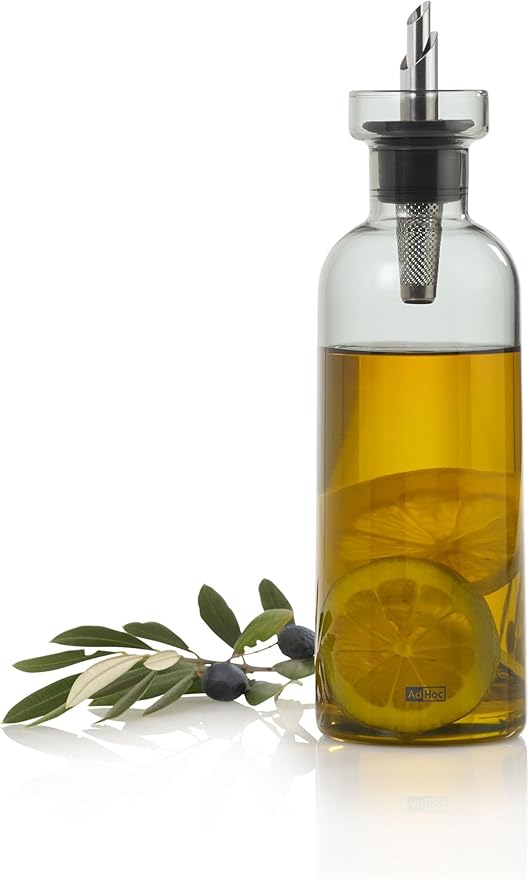 AdHoc AromaPour Oil & Vinegar Dispenser - Reusable, No-Drip Glass Container with Stainless Steel Filter - Dishwasher Safe - 16.6 oz