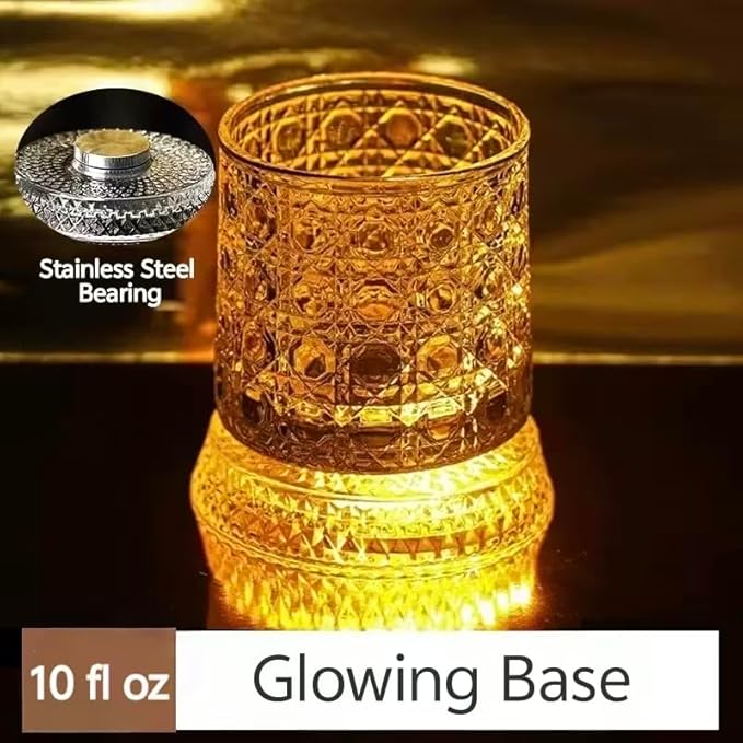 Rotating Whiskey Glasses 2-Pack – 10oz Glowing Spinning Whiskey Glasses, 360° Tumbler for Stress Relief, Heavy Anti-Slip Base, for Bourbon, Scotch, Cocktails, Unique Gifts for Men Dad Husband