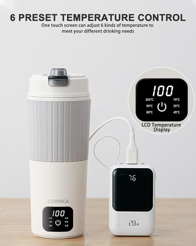 Travel Electric Kettle with Dual interface heating plug and USB C port, 316 Stainless Steel, 650ml Portable Tea Coffee Kettle Water Boiler, 6 Temperature Settings, Electric Water Cup Heater Boil