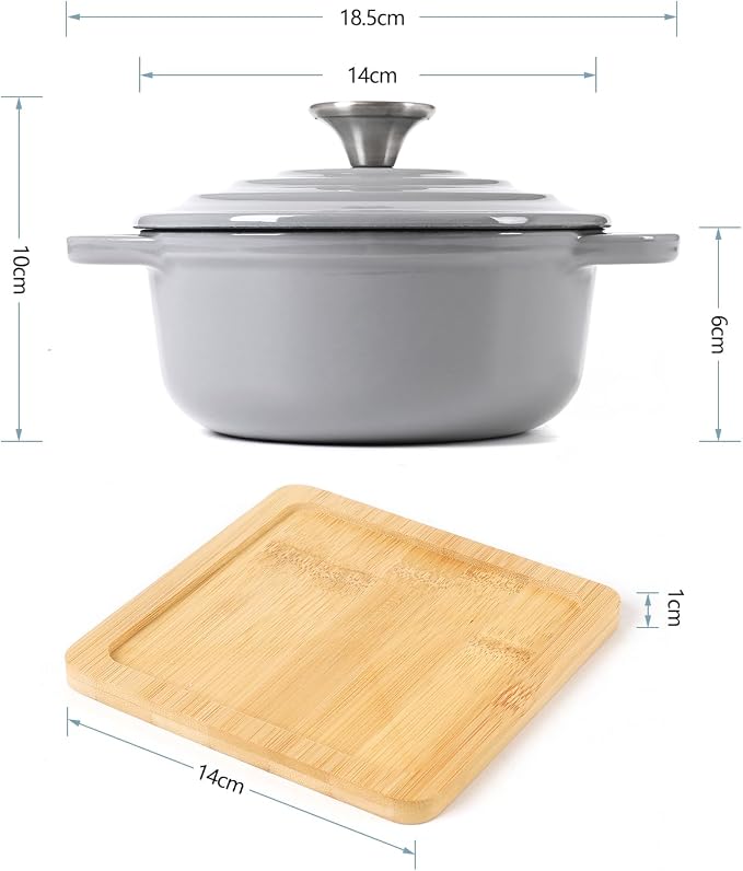 HAWOK Enameled Cast Iron Mini Dutch Oven, Dia5.51”, 23oz, with Bamboo Tray, Set of 2, Gray