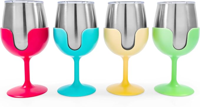 Camco Life is Better at The Campsite Wine Tumbler | Heavy Duty Double Wall Vacuum Insulation | Crafted of 18/8 Stainless Steel | Removable Green, Yellow, Blue & Pink Stems | 4-Pk, 8-oz/Each (53068)