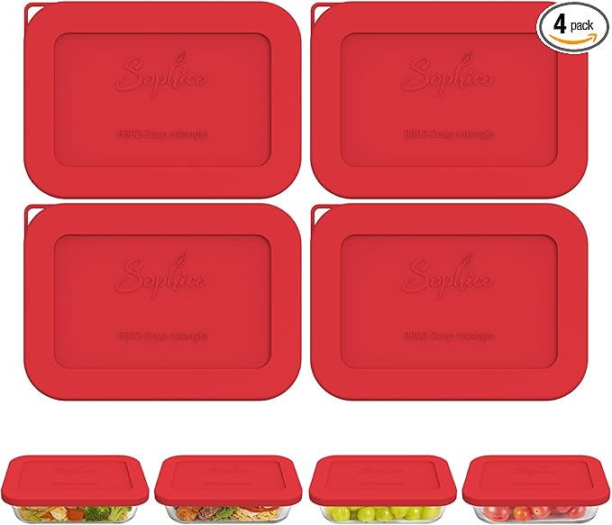 Sophico Silicone Storage Lids Cover Replacement for Pyrex Freshlock and SNAPWARE 2CUP(8602), Rectangle Glass Bowls Containers Set, Airtight Lids, 4 Pack