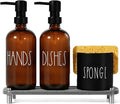 Amber Glass Soap Dispenser, Kitchen soap Dispenser with Sponge Holder, Dish and Hand soap Dispenser Set with Tray,Instant Dry Tray, Amber