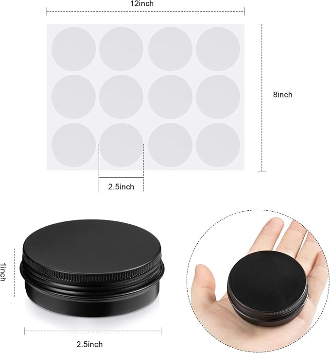 Patelai 2 oz Black Metal Round Tins Aluminum Tin Cans Salve Tins Containers with Screw Lid 10 Sheets Stickers for Salve Spice Candies Balms Candles, 36 Pack (Classic Style)