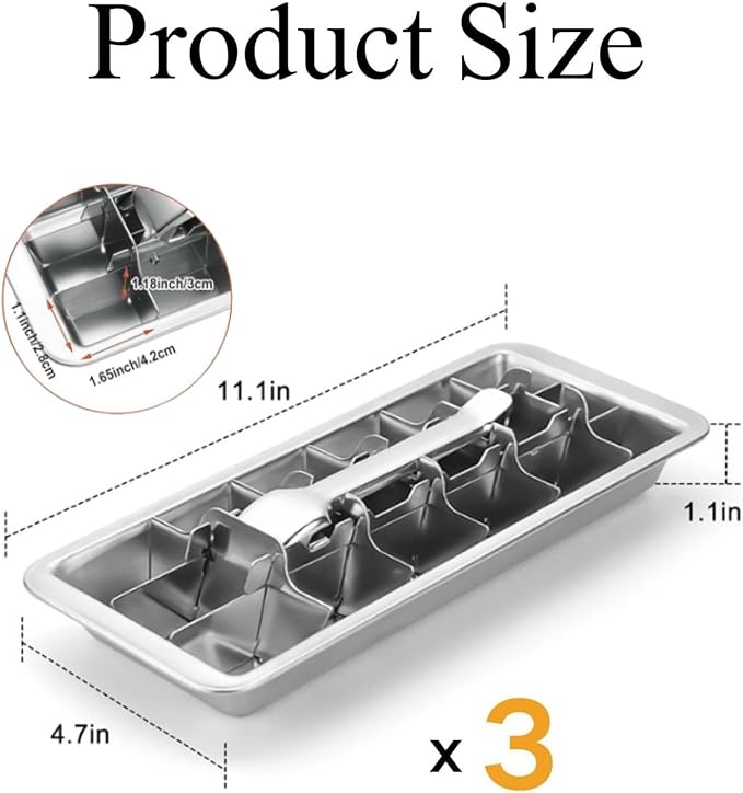 3 Pack Stainless Steel Ice Cube Trays, 18 Slot Ice Tray with Easy Release Handle Detachable Ice Trays for Easily Making Various Ice Cubes and Frozen Foods