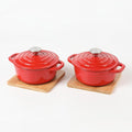 HAWOK Enameled Cast Iron Mini Dutch Oven, Dia5.51”, 23oz, with Bamboo Tray, Set of 2, Red