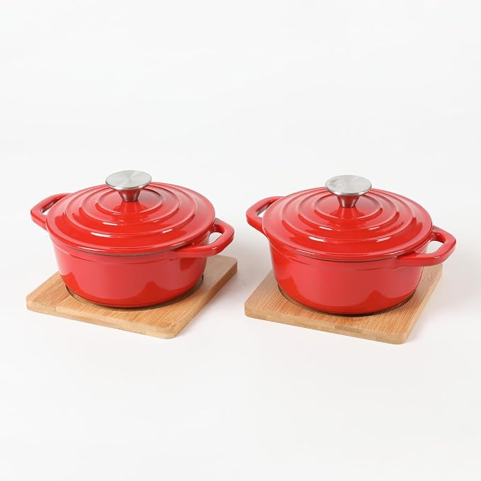 HAWOK Enameled Cast Iron Mini Dutch Oven, Dia5.51”, 23oz, with Bamboo Tray, Set of 2, Red
