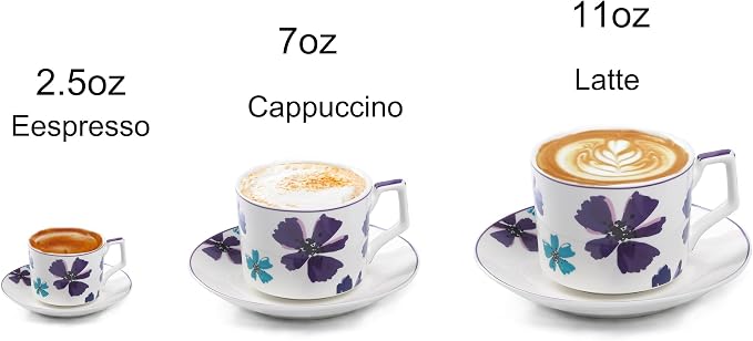 GuangYang 7oz Tea Cups set of 6, Fancy Color Flowers Design (Durable Porcelain for Hot Tea, Coffee, Latte,Small Macchiato, Cappuccino, Chocolate Drinks and Party)