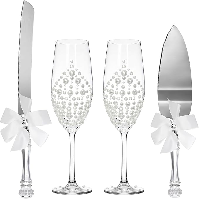Boao Pearl Wedding Champagne Flutes and Cake Knife Server Set of 4, Champagne Flutes Toasting Glasses with Pearls for Bride and Groom Engagement Anniversary Bridal Shower Gifts (Grace,White)