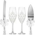 Boao Pearl Wedding Champagne Flutes and Cake Knife Server Set of 4, Champagne Flutes Toasting Glasses with Pearls for Bride and Groom Engagement Anniversary Bridal Shower Gifts (Grace,White)