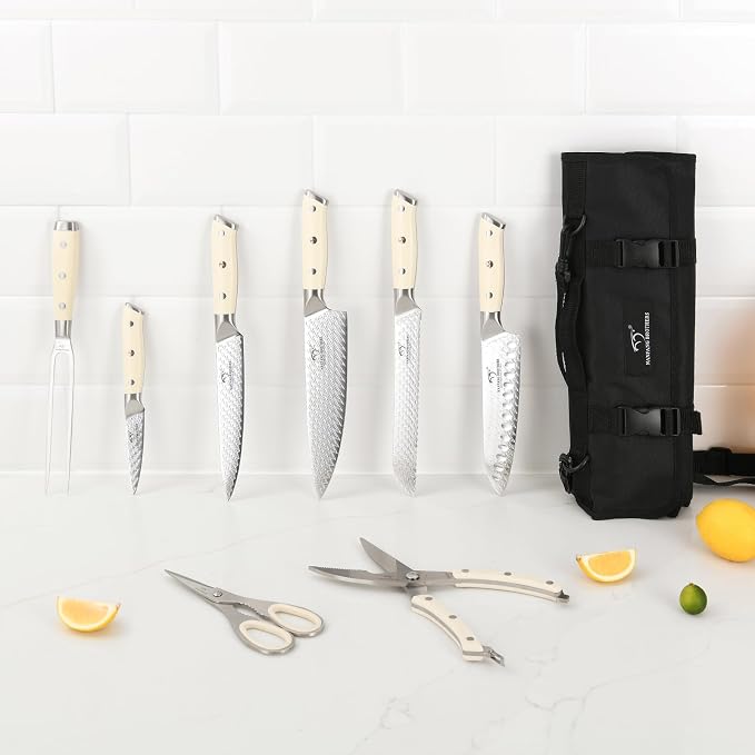 NANFANG BROTHERS 9-Piece Damascus Steel Chef Knife Set with Roll Bag VG10 Core Camping & Travel Kit, Blade Guards, Carving Fork & Apron Included (Portable for Outdoor/Home)