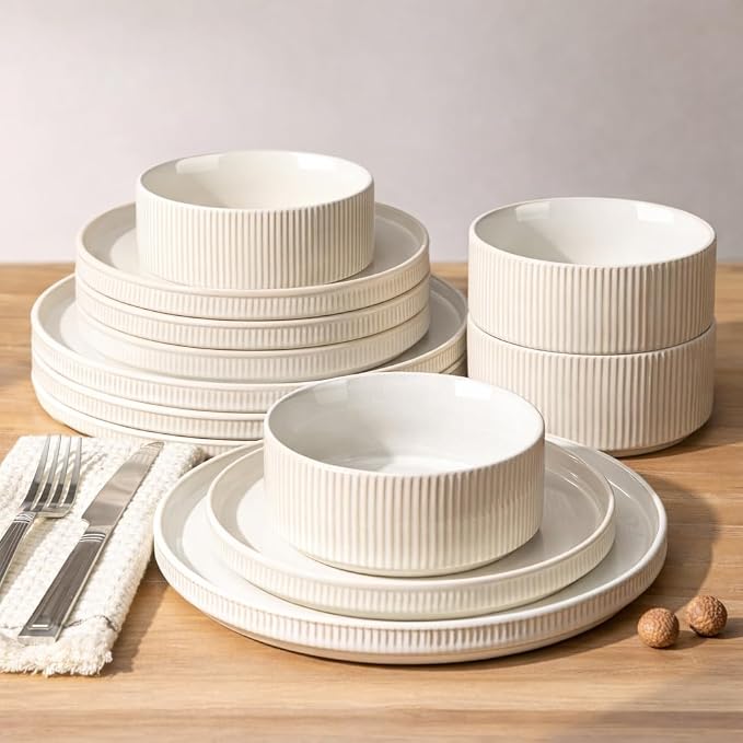 GBHOME Stoneware Dinnerware Sets for 4, 12 Pieces Lightweight Ceramic Ribbed Plates and Bowls Set, Reactive Glaze Stackable Plate Sets, Scratch Resistant Dishes, Microwave & Dishwasher Safe,Cream