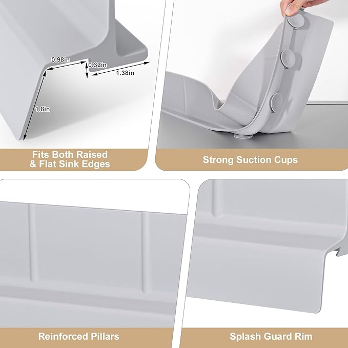 Sink Splash Guard, 18", Non-slip with Suction Cups, Stop Water Splash with High Rim, for Kitchen & Bathroom, Faucet & Countertop Protector, Easy Install, Dishwasher Safe